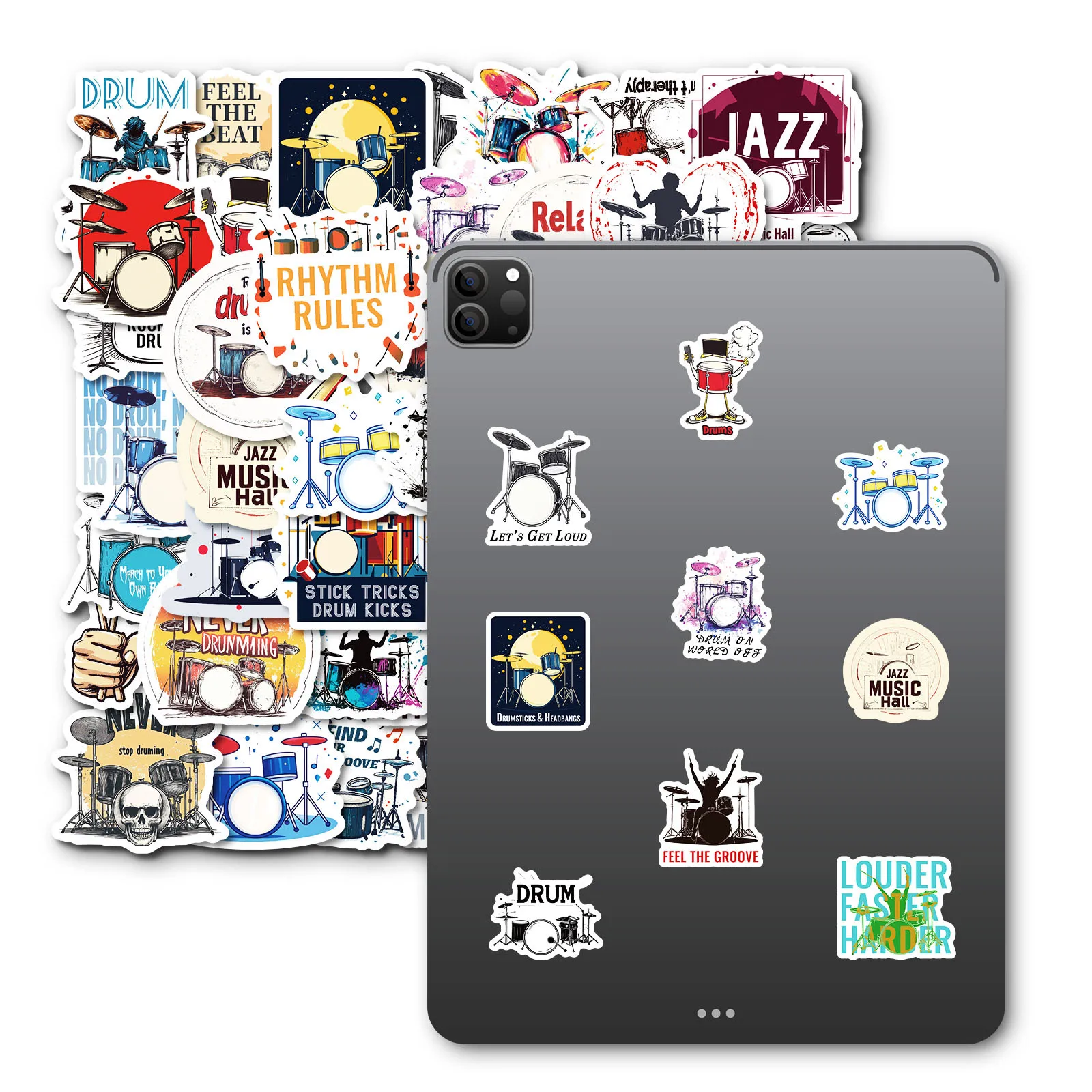 50pcs กลองเครื่องดนตรี Niche Graffiti โทรศัพท์มือถือกรณีเดสก์ท็อปถ้วยน้ําบัญชีมือวัสดุตกแต่งสติกเกอร์กันน้ํา