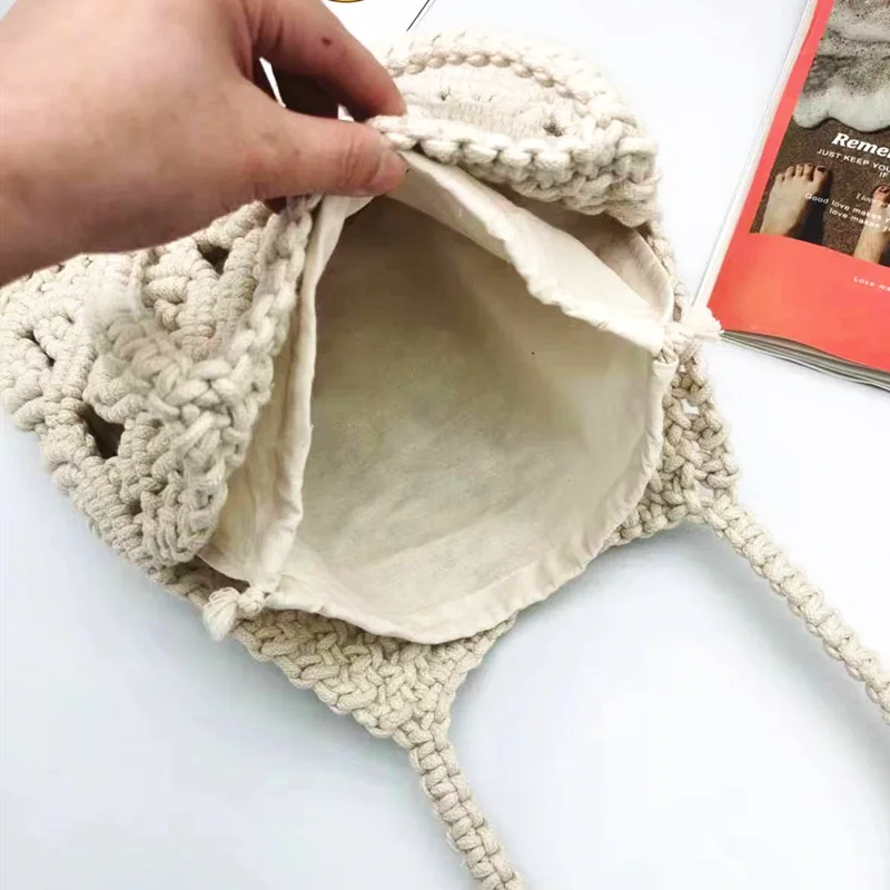 Rope Crochet kobiety torba na ramię czeski z wcięciem, tkany torby dla kobiet Handmade Knitting torebki Travel torba na plażę Shopper Hobos