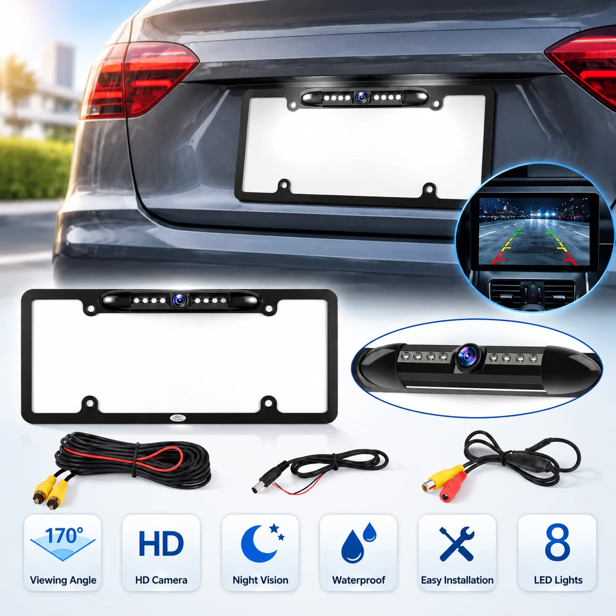 번호판 후방 카메라 170 °   광각 8개 LED 야 - License Plate Backup Camera Frame Mount 리뷰 및 가격