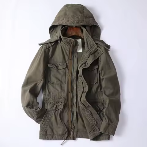 Men's Hooded Casual Jacket Safari Style Camouflage Multi Pockets Spring Coat Outdoor Hiking Jacket