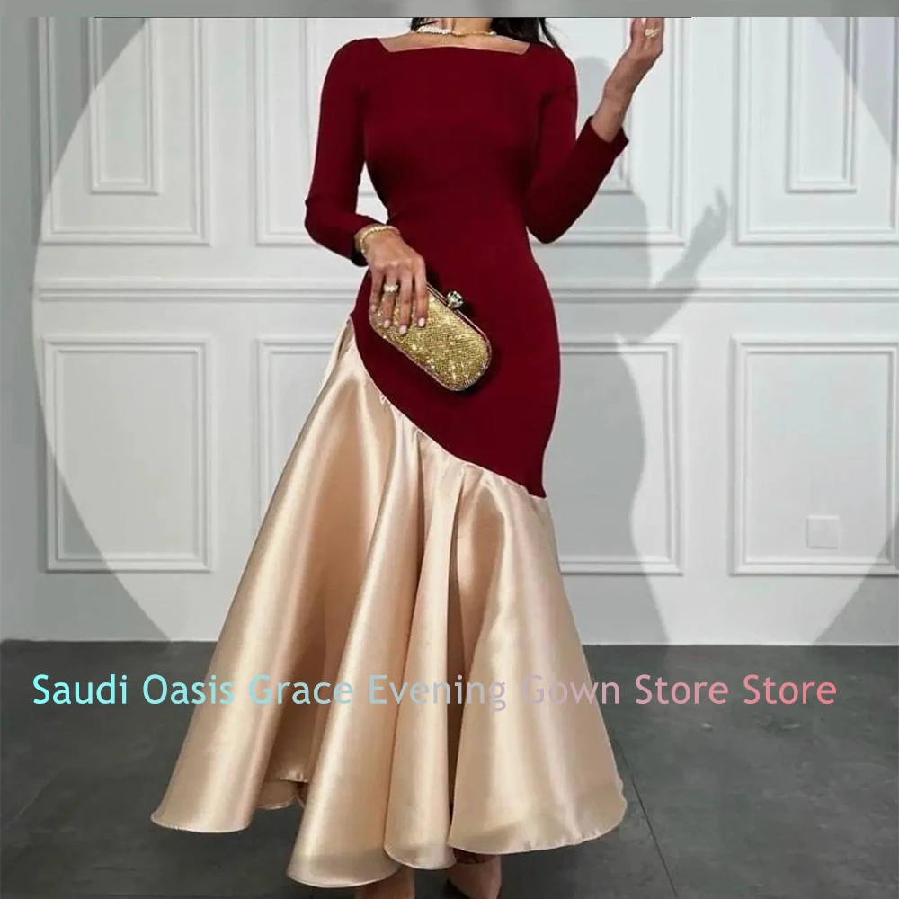 Graceful and Fashion A-Line Square Neck Long Sleeves Evening Dress Ruffles Ankle Length Celebrity Gowns  Saudi Arabia 2024