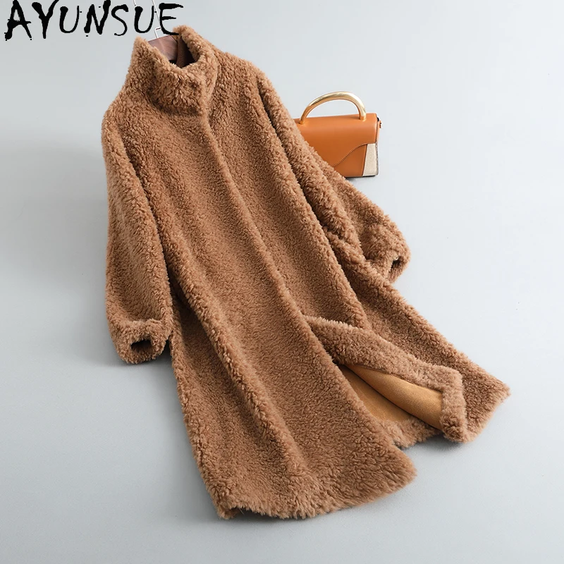 معطف من الصوف الطبيعي 100% من AYUNSUE للنساء ملابس بياقة واقفة معطف فرو مخملي حبيبي متوسط الطول ملابس نسائية كوفتا С ميخيم