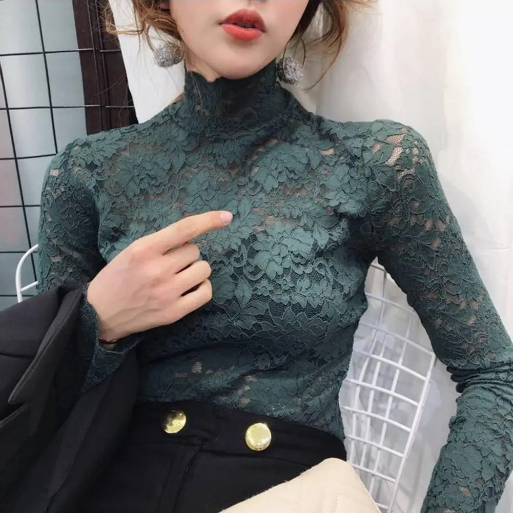 Half High Collar Long Sleeves See-Through Autumn Top Slim Lace Crochet Patchwork Hollow Tee Top Streetwear Turtleneck Slim Fit