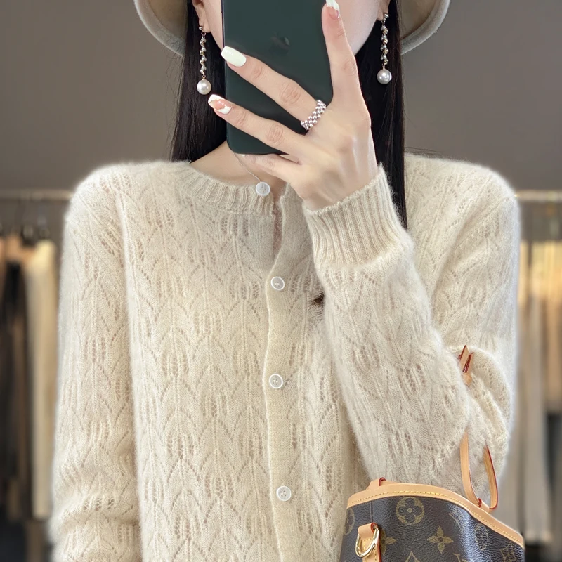 Round Neck 100% Merino Wool Cardigan Spring Autumn New Hollow Out Fashion Long Sleeved Solid Color Knitted Cardigan Sweater Top