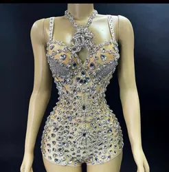 Shining Crystal Stage Wear Leotard Costume Prom Skin Perspective Rhinestones Bodysuit  Female Singer Performance Outfit