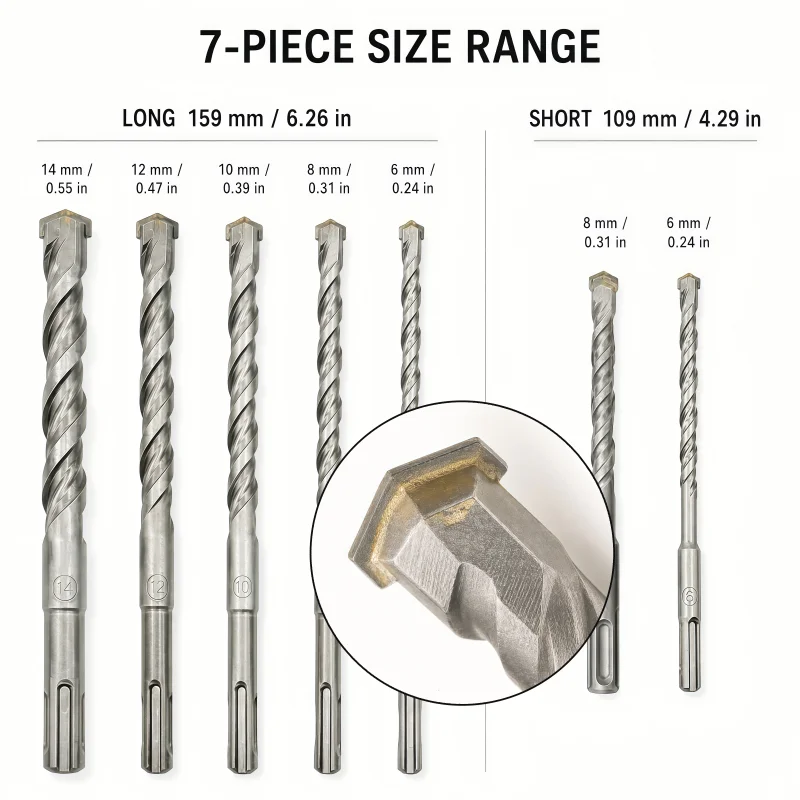 7Pcs SDS Plus Drill Bit Kit, Wear Resistant Carbide Tip Masonry Bits for Brick, Block & Concrete