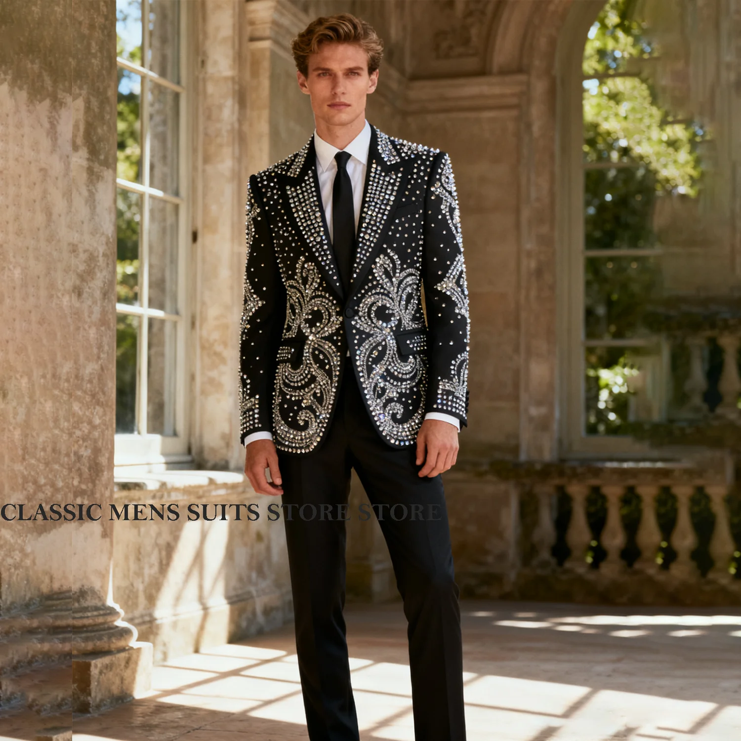 

Customized Design Gem Crystals Diamond Men Luxurious Suits 2 Pieces Groom Male Blazers Slim Wedding Party Tuxedos Ropa hombre