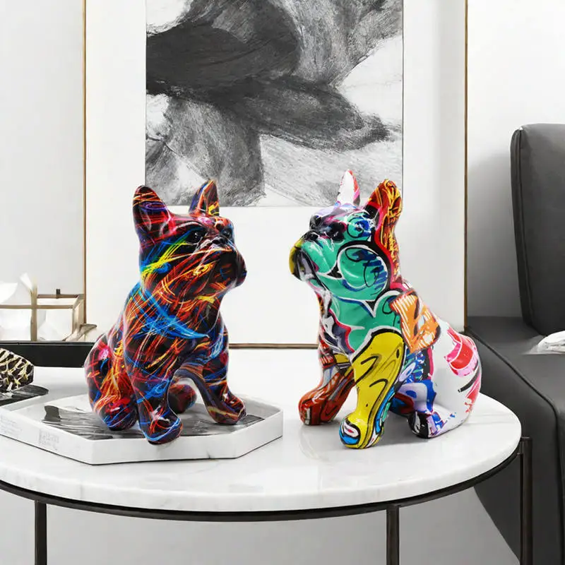 Graffiti Resin French Bulldog Statue Sculpture Colored Animal Dog Art Figurine Decoration for Living Room Home Table Ornaments