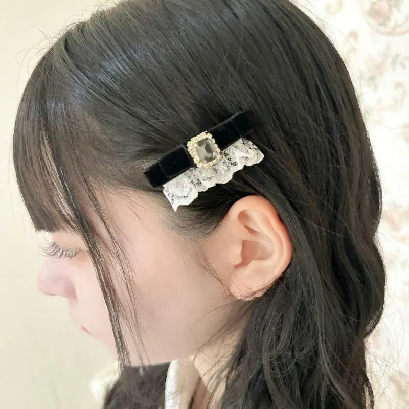 القوس خمر مع الدانتيل 1 زوج لوليتا أغطية الرأس الحلو لطيف المخملية حجر الراين إكسسوارات الشعر y2k اكسسوارات لفتاة دبوس الشعر