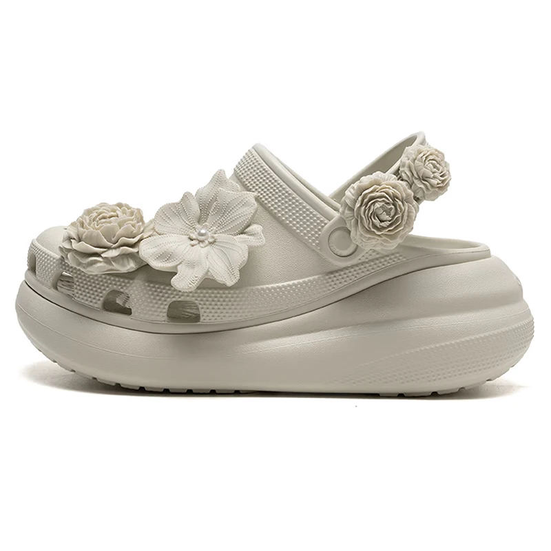 Crocs Classic Crush Clog Beige Floral Stylish Trendy Open-Toe Sandals Comfort Fit Cushion Sole for Women Lightweight 211448-0HZ