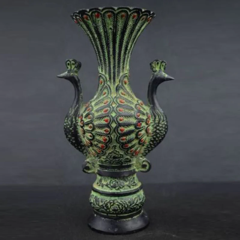 Elaborate Decoration handcrafted Bronze Carved with Two Peacock Beautiful Vase