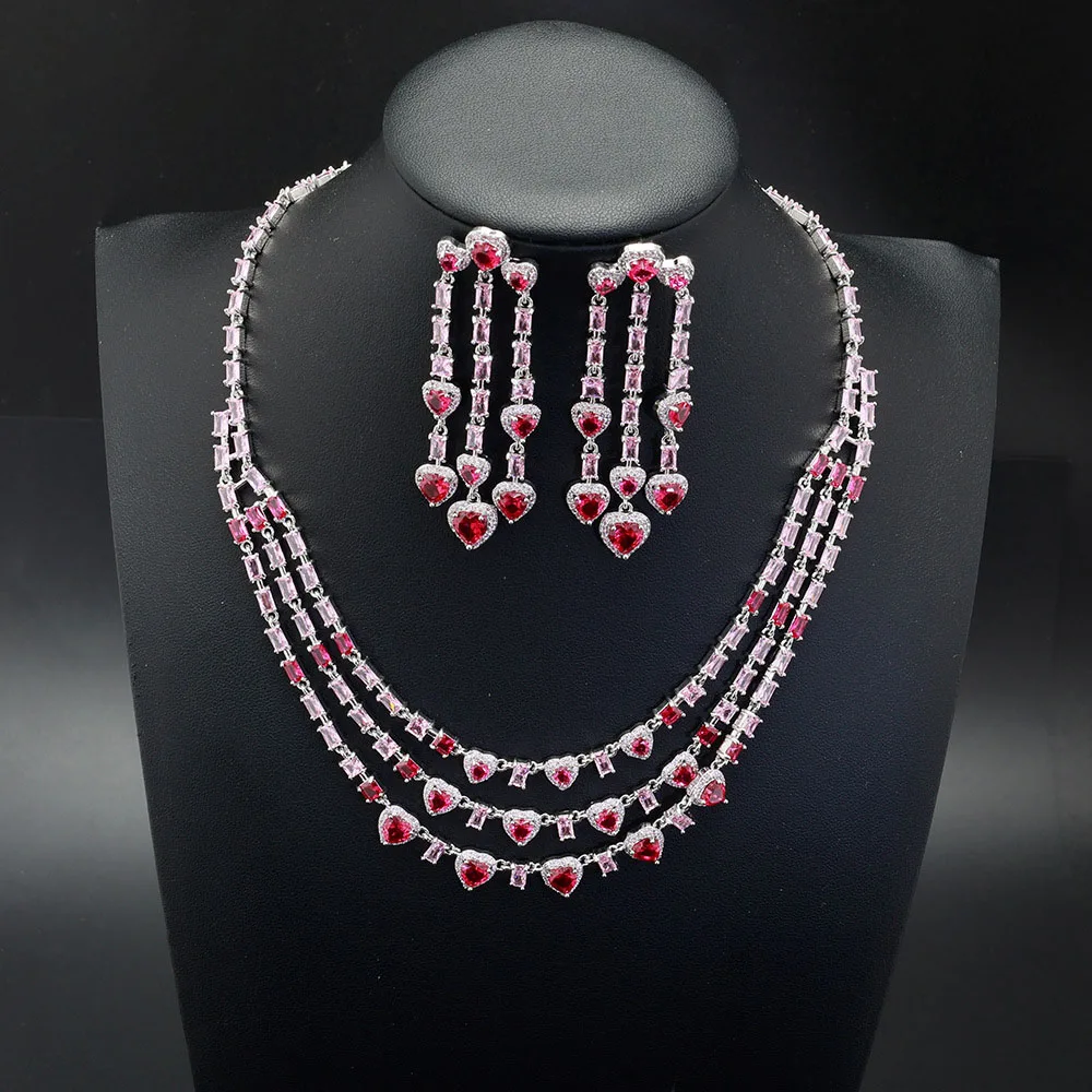 

New Design Romantic Deluxe Red Love Heart 2 Piece Necklace and Earrings Women's Jewelry Wedding Bridal Travel Everyday Gift 1063