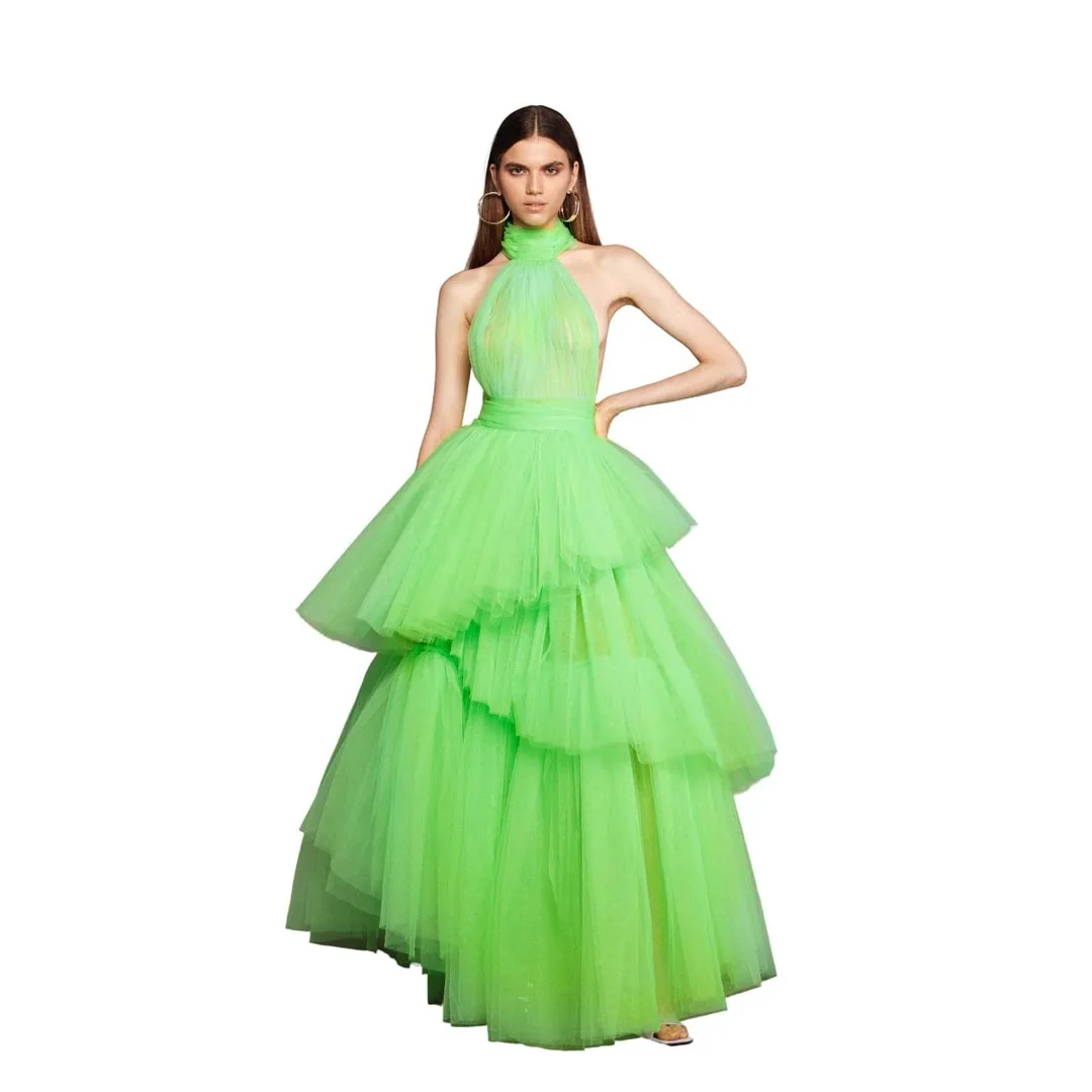 

Pretty Green Halter Sleeveless Long prom Dresses Women A Line Tiered Ruffled Tulle Gowns Summer Maxi Dress Robe Ruched Women