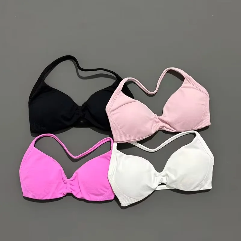 Women Halter Thin Strap Seamless Sports Bra, High Support Scrunch Push Up Workout Yoga Gym Tank Top