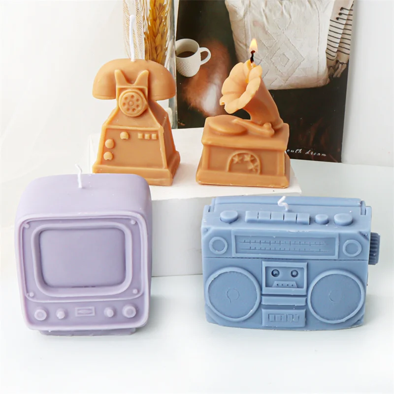 3D Vintage TV Telephone Shaped Silicone Molds DIY Recorde Phonograph Shaped Candle Plaster Making Mold Handmade Home Decor gifts