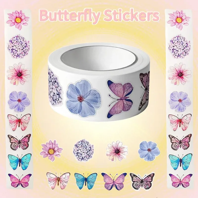 

500pcs/roll Butterfly Flower Sticker 1 Inch 8 Design Colorful Butterfly Decals Decorative Flowers Cute Sticker Party Favor Decor