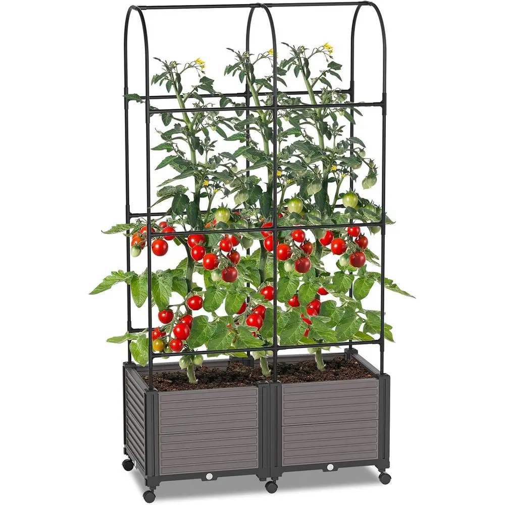 

Outdoor Rolling Garden Planter with Trellis and Watering System for Tomatoes and Climbing Plants
