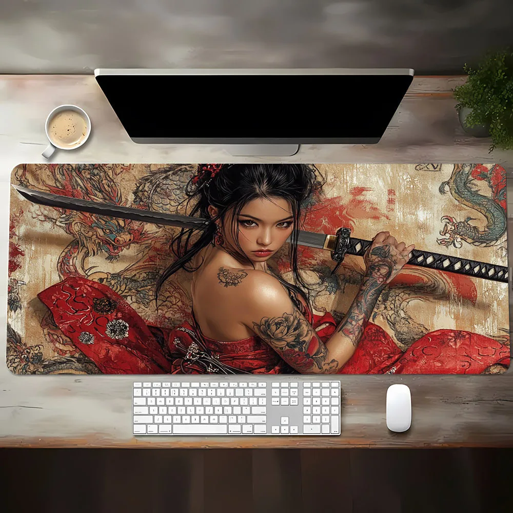Japanese Kimono Anime Mouse Pad, Dragon Totem Design Red Dress Pattern, Non-Slip Base Comfortable Surface for Office Home Gaming view 2