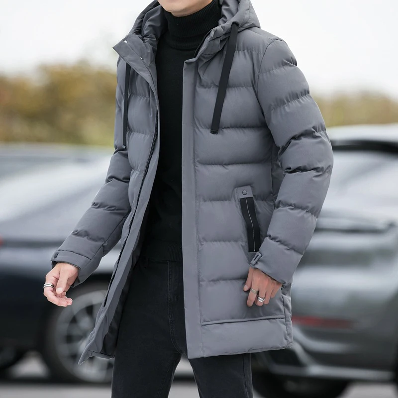 ผู้ชายยาวปักเสื้อแจ็คเก็ต Quilted กลางความยาว Hooded Coat ฤดูหนาว Casual Puffer แจ็คเก็ต Outwear Overcoat Coat Parka