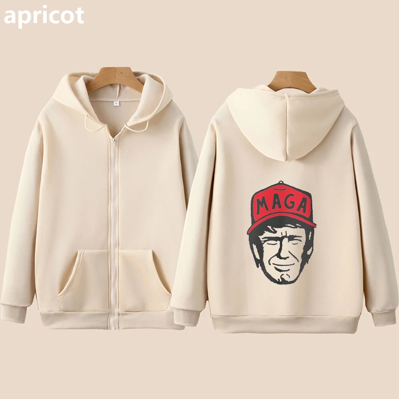 Maga Trump Simple Cartoon Line Style Zip Sweatshirts 2025 Presidential Clothing For Men Women Gifts For Trump Supporters