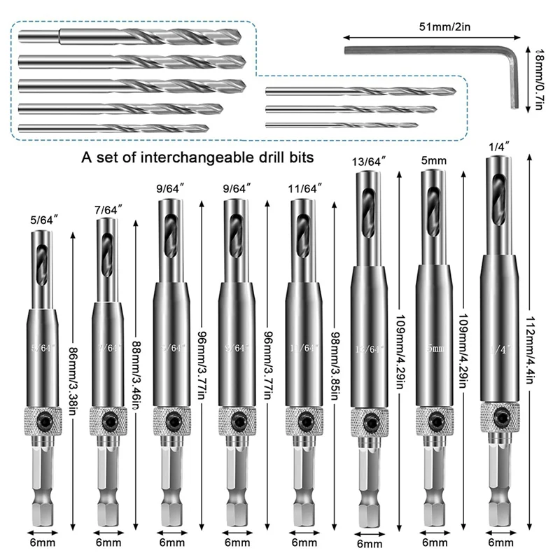 RMWIN-Self Centering Drill Bit Set 17 قطعة - للمفصلات، 1/4 بوصة عرافة عرقوب Vix بت مثالية لمشاريع أبواب النجارة #4