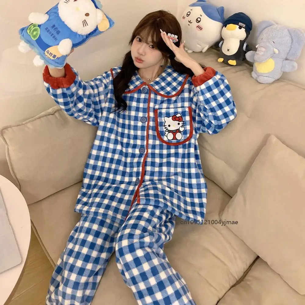 Sanrio Hello Kitty Autumn Winter Flannel Thick Warm Pajamas for Women Set Blue Checkered Fashion Sleepwear Casual Home Clothes