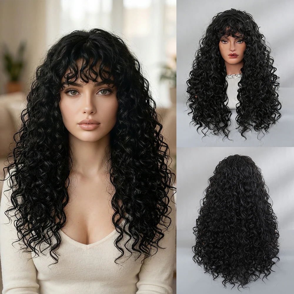 

Deep Wave Black Wigs with Bangs Fluffy Long Curly Hair Wigs for Black Women White Women Natural Looking Heat Resistant Fiber