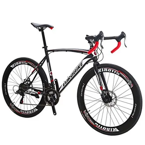Road bike for urban commuting and light trail use, aluminum frame, matte black finish, lightweight 3-spoke wheels and dual disc