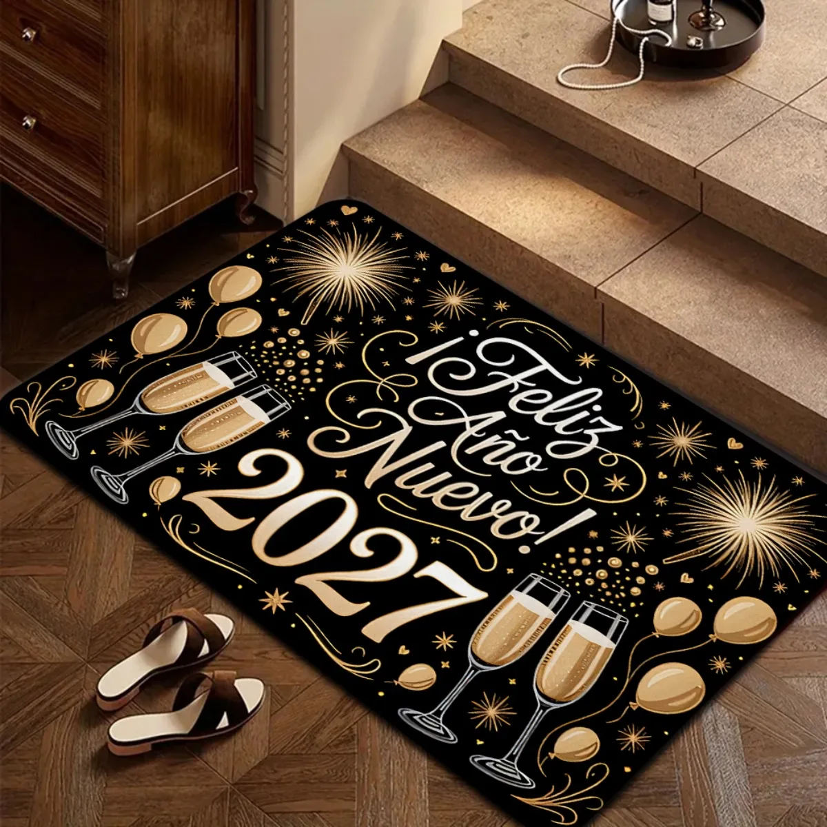 2027 Happy New Year Doormat Fireworks Balloon Champagne Crown Gingerbread Decorative Floor Mat Front Door Entryway Home Decor