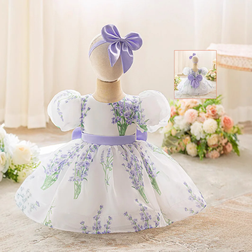 Cute Toddler Party Baby Girls Dress Elegant Flower Baptism Bridesmaid 1st Birthday Dress Bow Wedding Prom Costume Kids Clothing