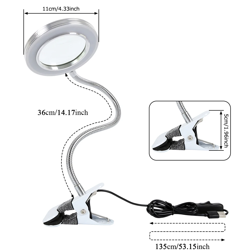8X Magnifier Nail Beauty Light Tattoo Clip Light Makeup Equipment Tool USB Student Eye Care Reading Light Portable Desk Lamp