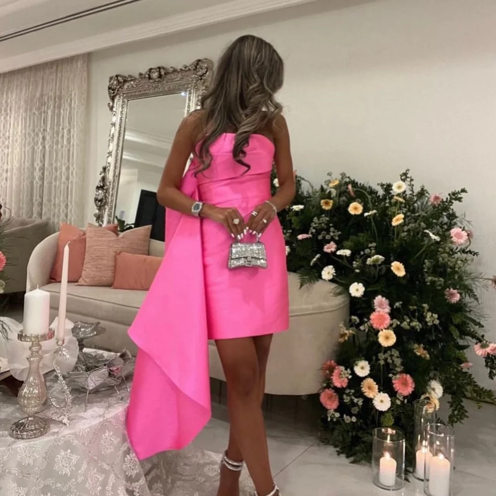 Kobe Asymmetrical Hem Mini-Skirt Draping Design Prom Dress Pink Strapless Wedding Dresses Satin vestidos de noche Customized