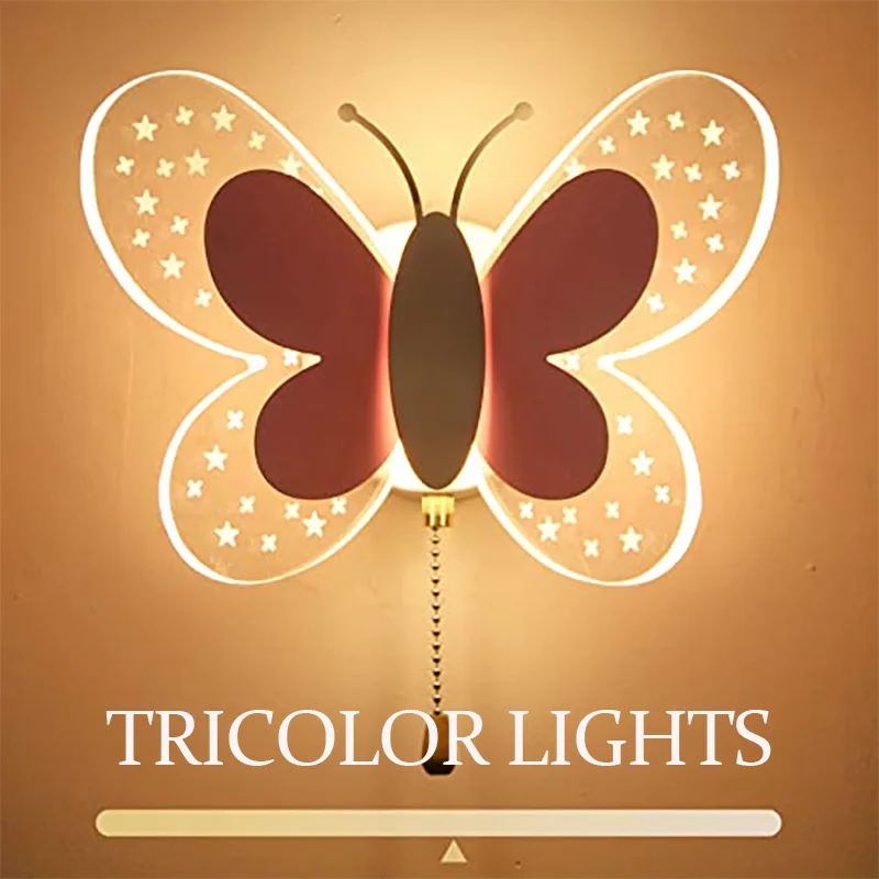 

Светодиодный настенный светильник для детской комнаты, розовый, в форме бабочки, акриловый, с трехцветной подсветкой, для гостиной, детской, спальни, настенный светильник-бра