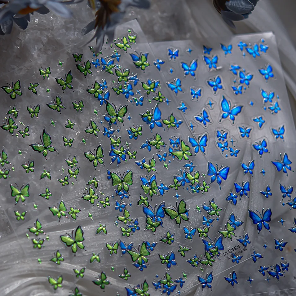 Schimmernder grüner Flash-Schmetterling, funkelnder Stern, Nagelkunst-Aufkleber, 5D, holografischer Flügel, selbstklebende Dekoration, Maniküre-Aufkleber, DIY
