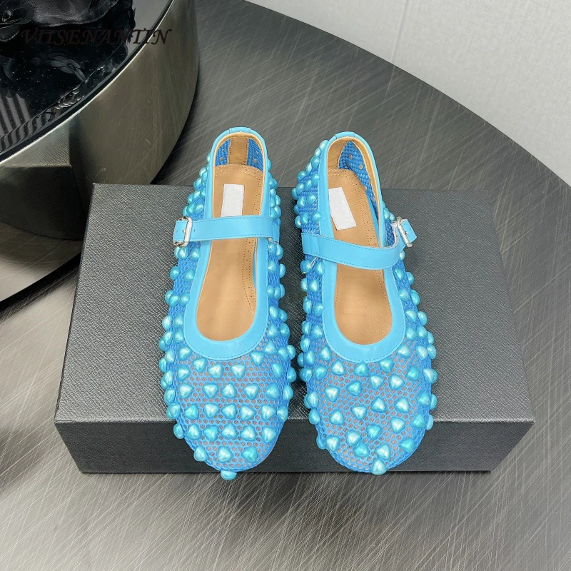 

Mutil Color Pearl Decor Mesh Hollow Mary Janes Shoes Women Round Toe Belt Buckle Flat Heels Ballet Shoes Leisure Style 2024 New