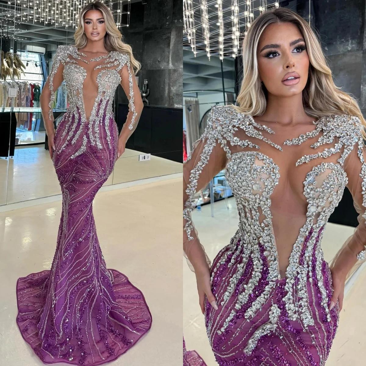 Gorgeous Evening Dresses Rhinestone Beaded Prom Gown Illusion Long Sleeves Sweep Train Party Dress Customized Vestidos de noche