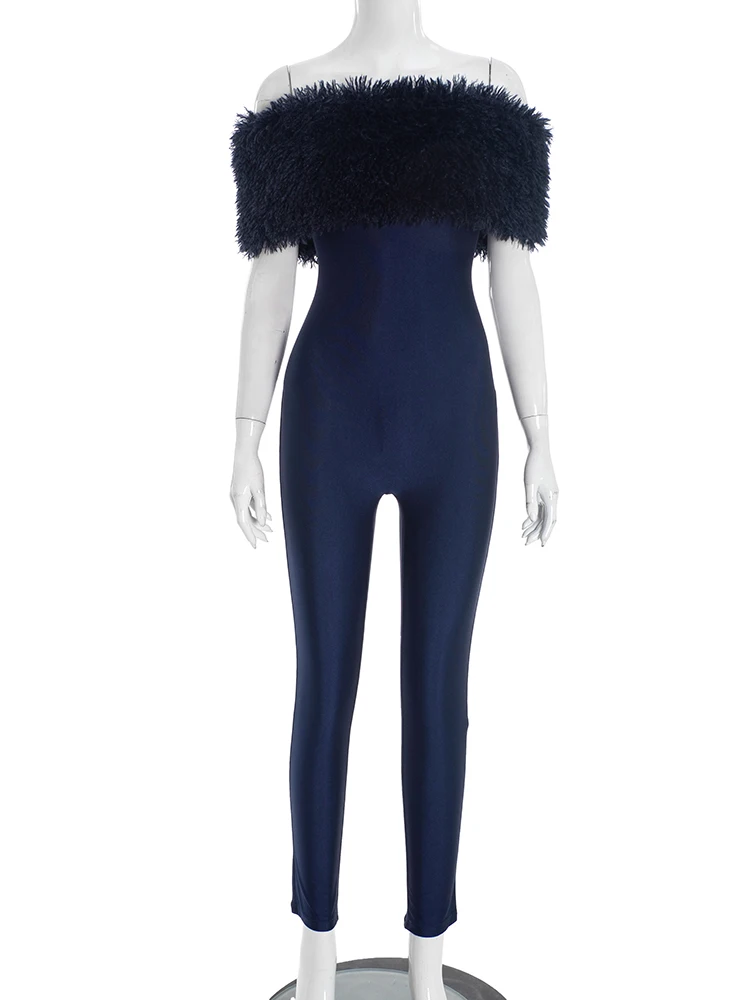 Weird Puss Luxus Pelzigen Overall Frau Y2K Sexy Hipster Fitness Patchwork Slash Neck Volle Hülse Stretch Aktivität Schlank Overalls