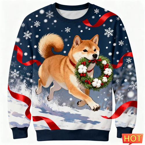 Imagen 2 del producto Lindo Shiba Inu gráfico feo suéter de Navidad para hombres de moda cuello redondo perro 3D impreso sudaderas sueltas transpirables jerseys
