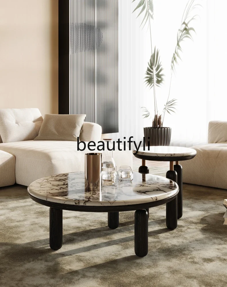 Light luxury minimalist marble round coffee table small apartment solid wood simple modern size combination