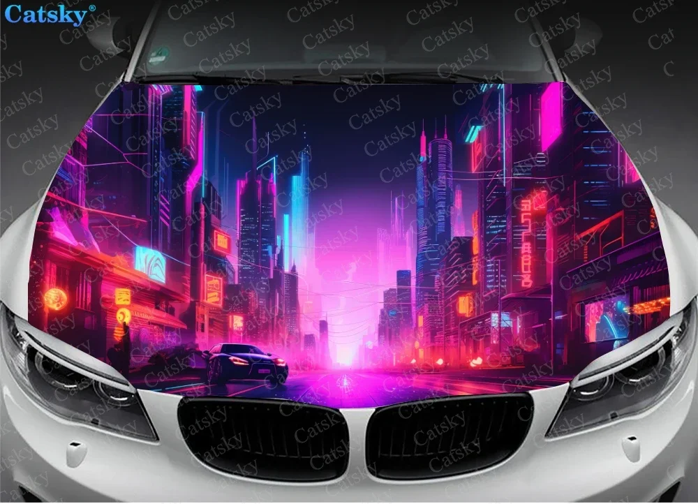 Neon Sunset Cityscape Car Hood Decal Truck Decals Vinyl Sticker Graphic Wrap Stickers Trucks Cars Bonnet Vinyls