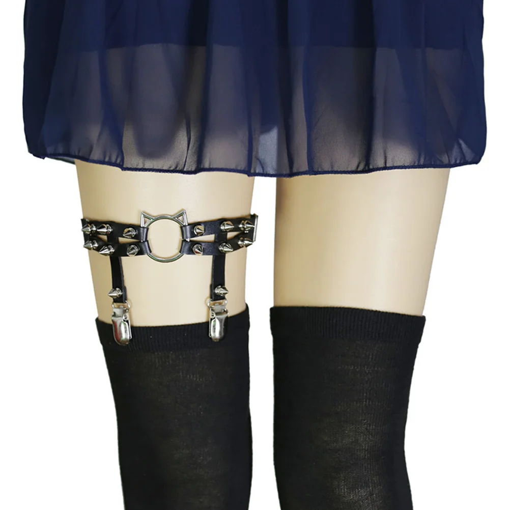 

Adjustable Cat Shape Punk Rivet Leg Garters Stylish Gothic Sock Belts For Women Black Metal Party Cosplay