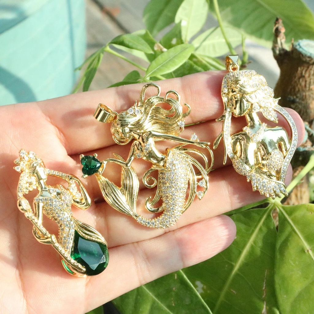 

3Pcs/Trendy White Crystal Big Mermaid Pendant for Necklace Copper Gold Plated Handmade DIY Jewelry Making Supplies