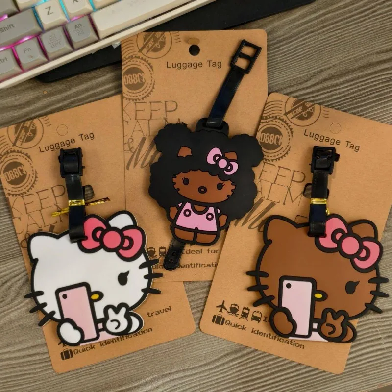 

Hello Kitty Black Leather Luggage Tag Kawaii Cartoon Trendy Travel Box Check Hang Decoration Personalized Accessories Wholesale