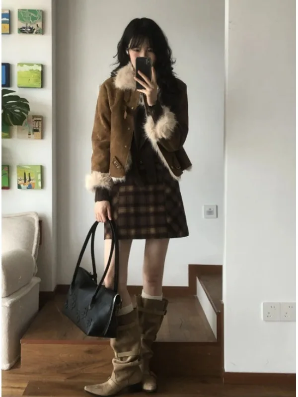 Cappotto in Pelle con Pelliccia Stile Retrò di Lusso, Vestibilità Ampia, per Donne di Bassa Statura, Moda Invernale