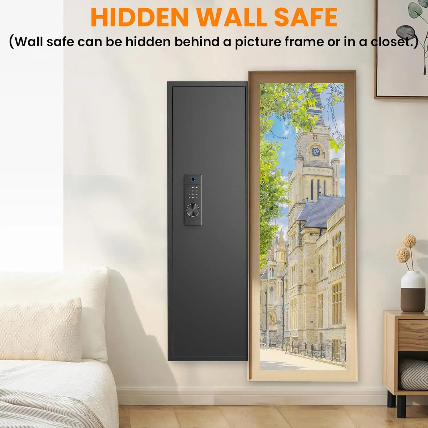 53.15" Wall Safe Between the Studs, Biometric Fingerprint Hidden Safe with Dual Alarm System and Silent Mode