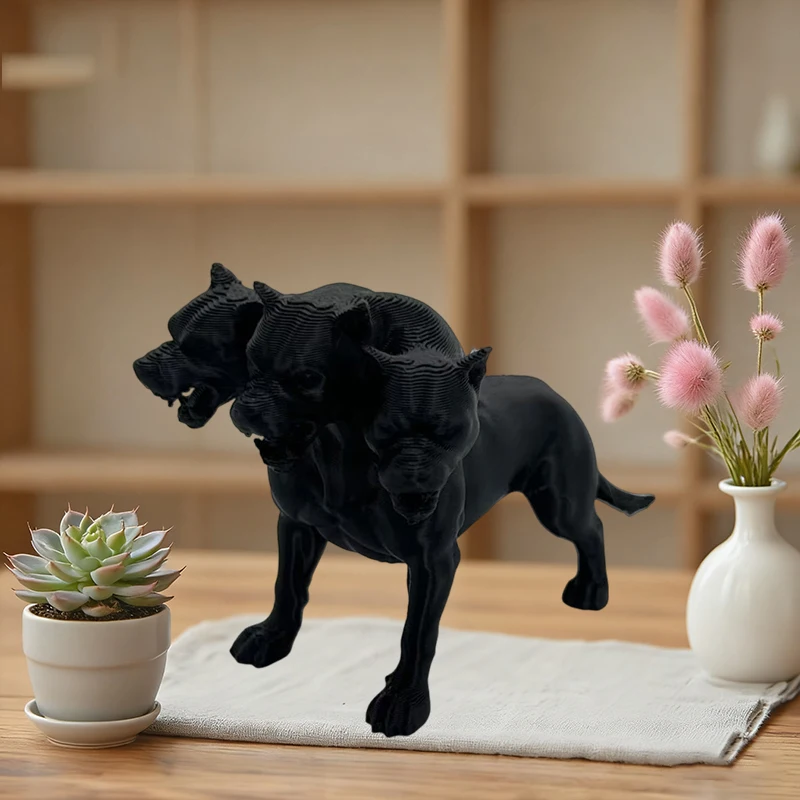 Gothic Three-headed Dog Statue Desktop Ornaments Scary Black Design Desk Home Decoration