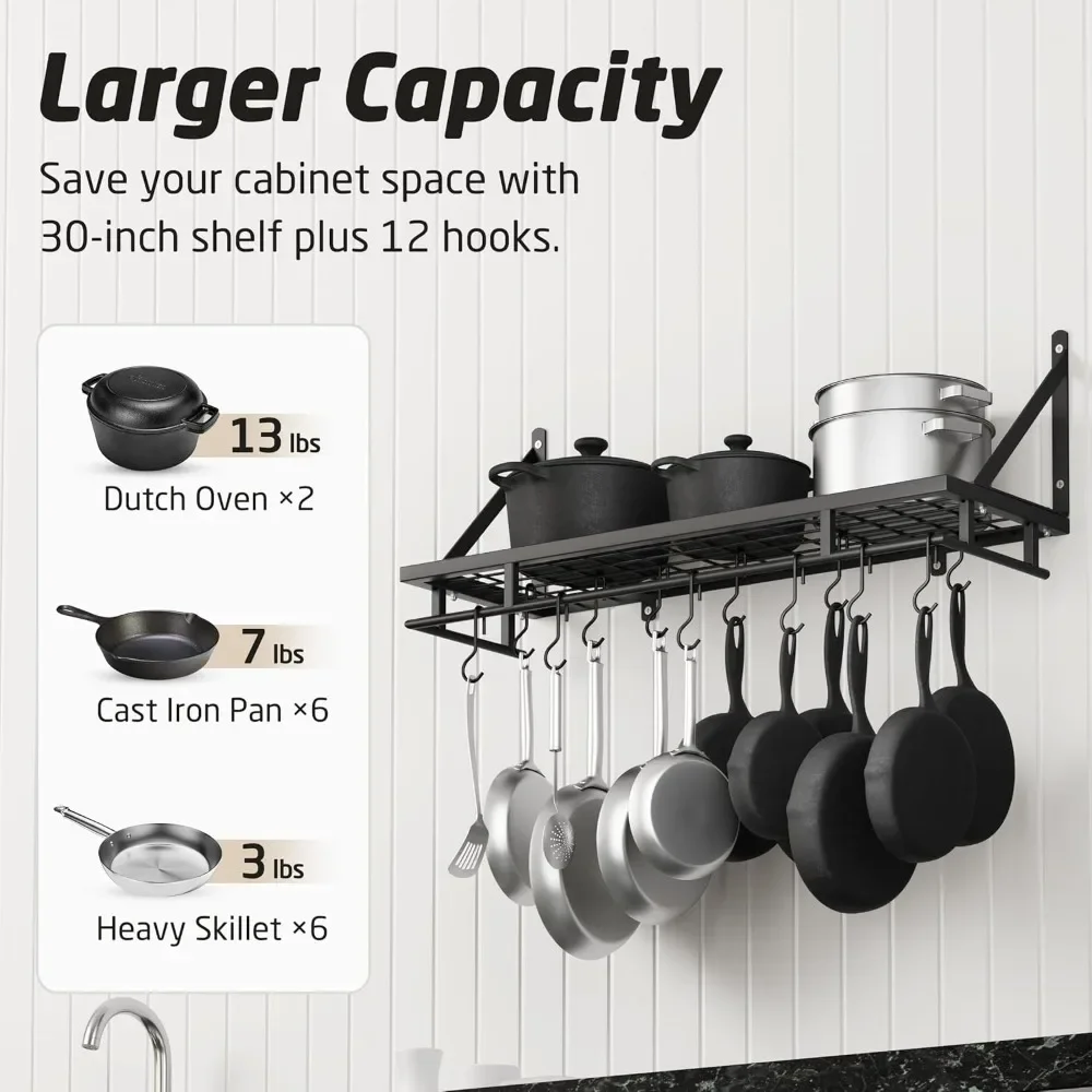 30-Inch Kitchen Pan Pot Rack Wall Mounted Hanging Storage Organizer Wall Shelf with Hooks Matte Black