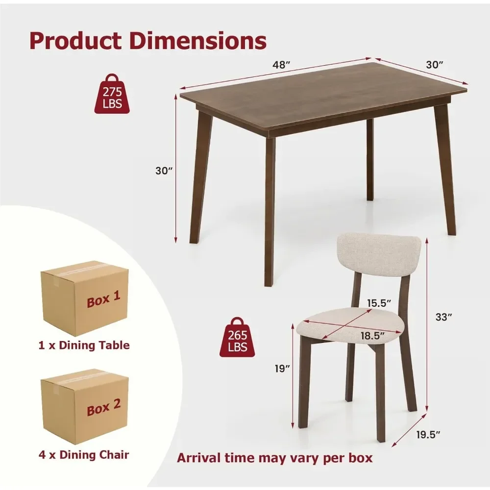 Dining Table Set for 4, Dinette Set with Table and 4 Padded Seat, Rubber Wood Legs, Curved Backrest