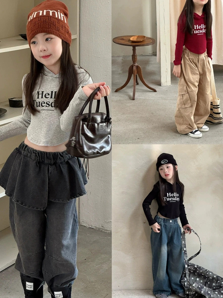 

New Korean Letter T-shirt for Girls Spring Autumn Children Knitted Pit Stripe Short Base Shirt 2025 New