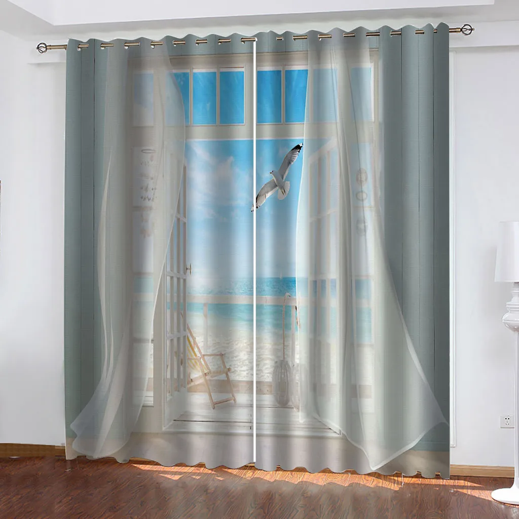 

HUANZHUANG Window Curtain For Home Decor Window Sea Landscape Printed Children'S Modern Curtains 2 Panel Living Room Bedroom Kid